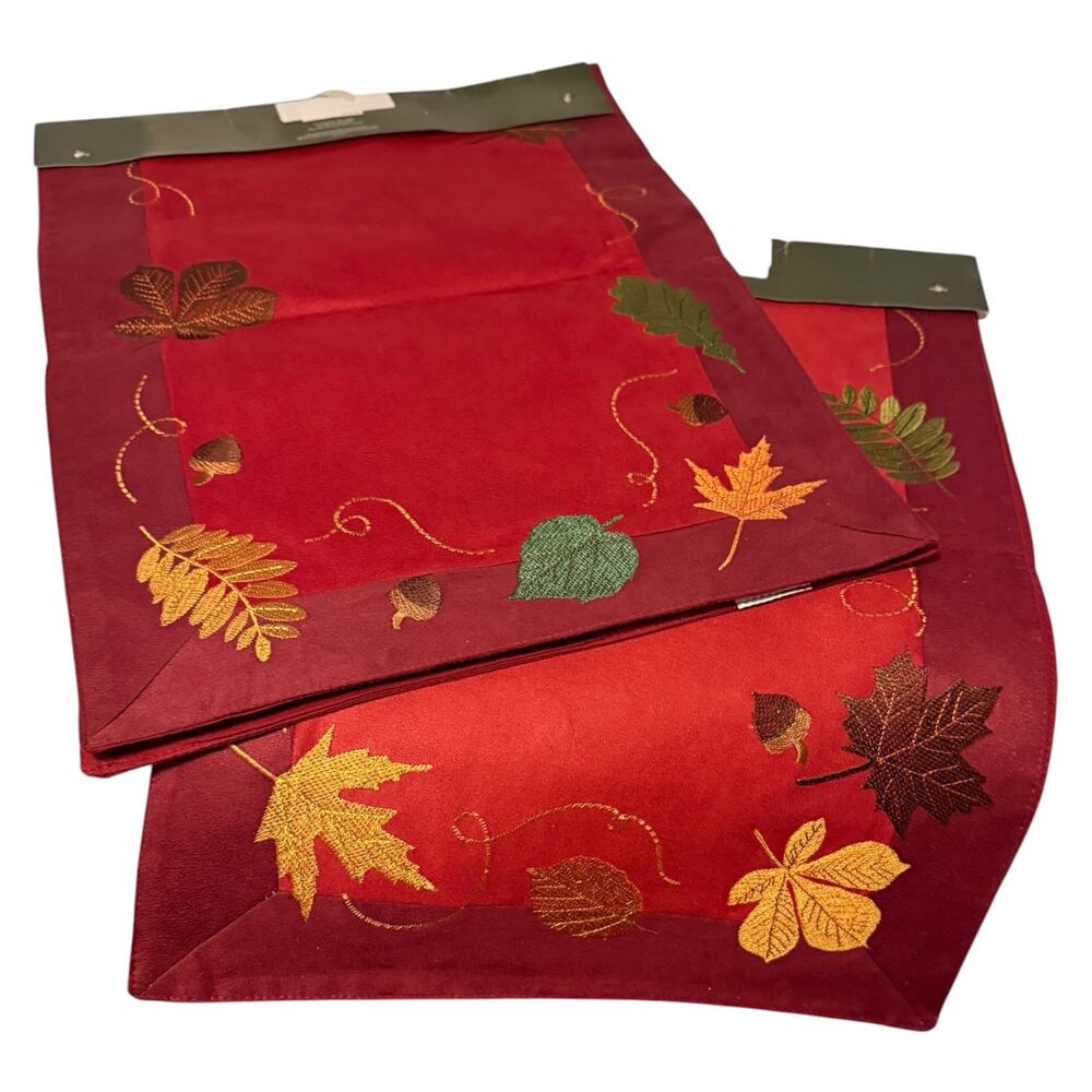Fall Home Decor Table Runner Set of 2 Embroidered Leave Lined Microsuede 36" NWT